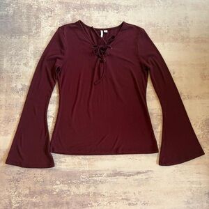 Bell Sleeve Burgundy Lace-Up Long Sleeve Top